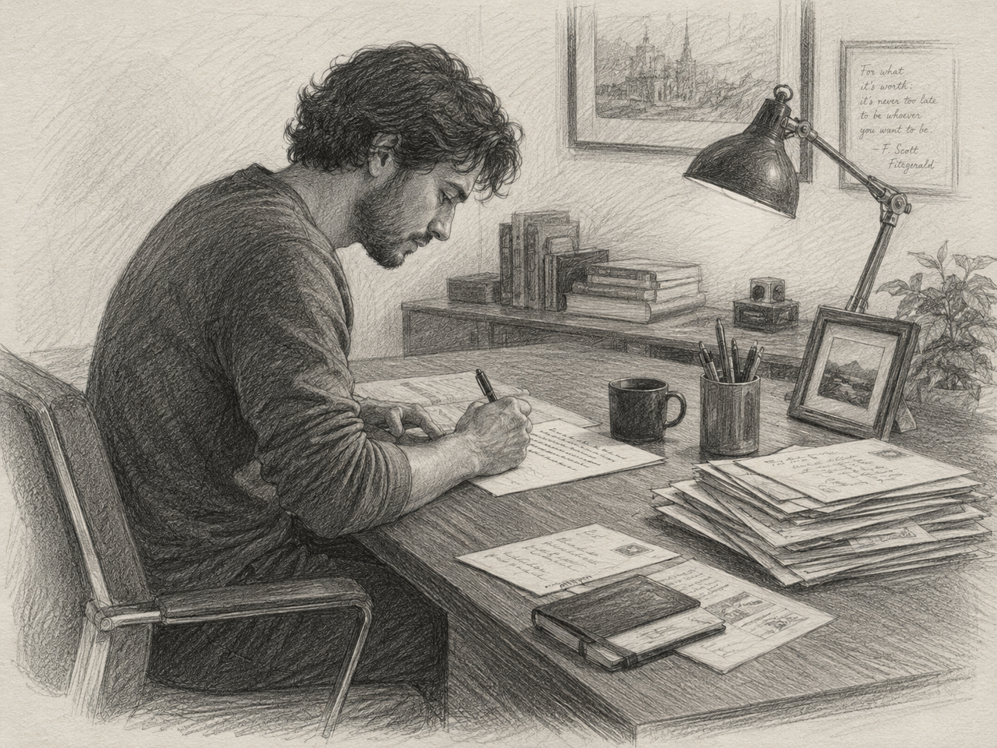 A person writing a heartfelt letter at a warm, lamp-lit desk surrounded by sealed envelopes