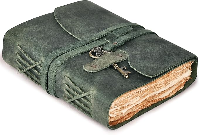 Vintage aqua leather journal with 200 deckle-edge pages and key closure